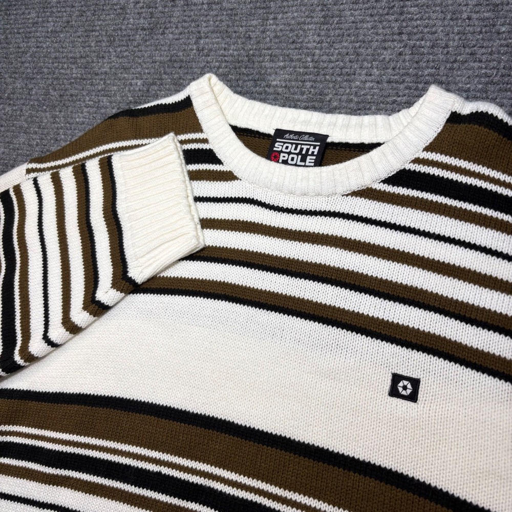 Southpole Men XL Striped Knit Sweater White Olive Green Black Authentic Crewneck